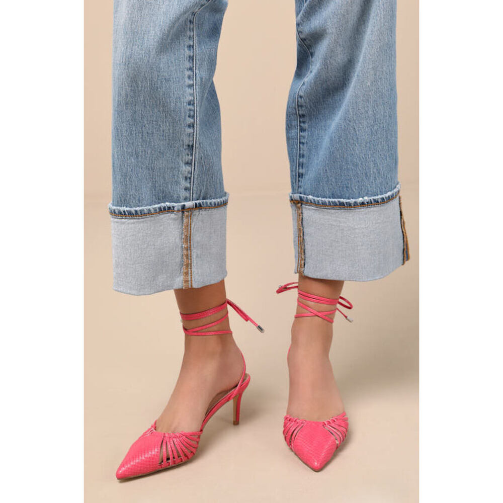 Lulus Ansel Coral Snake-embossed Lace-up Pumps Pink - Size 9
